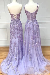 Hot 2025 Violet Purple Lace Long Prom Dresses Cheap UK Evening Dress MyChicDress